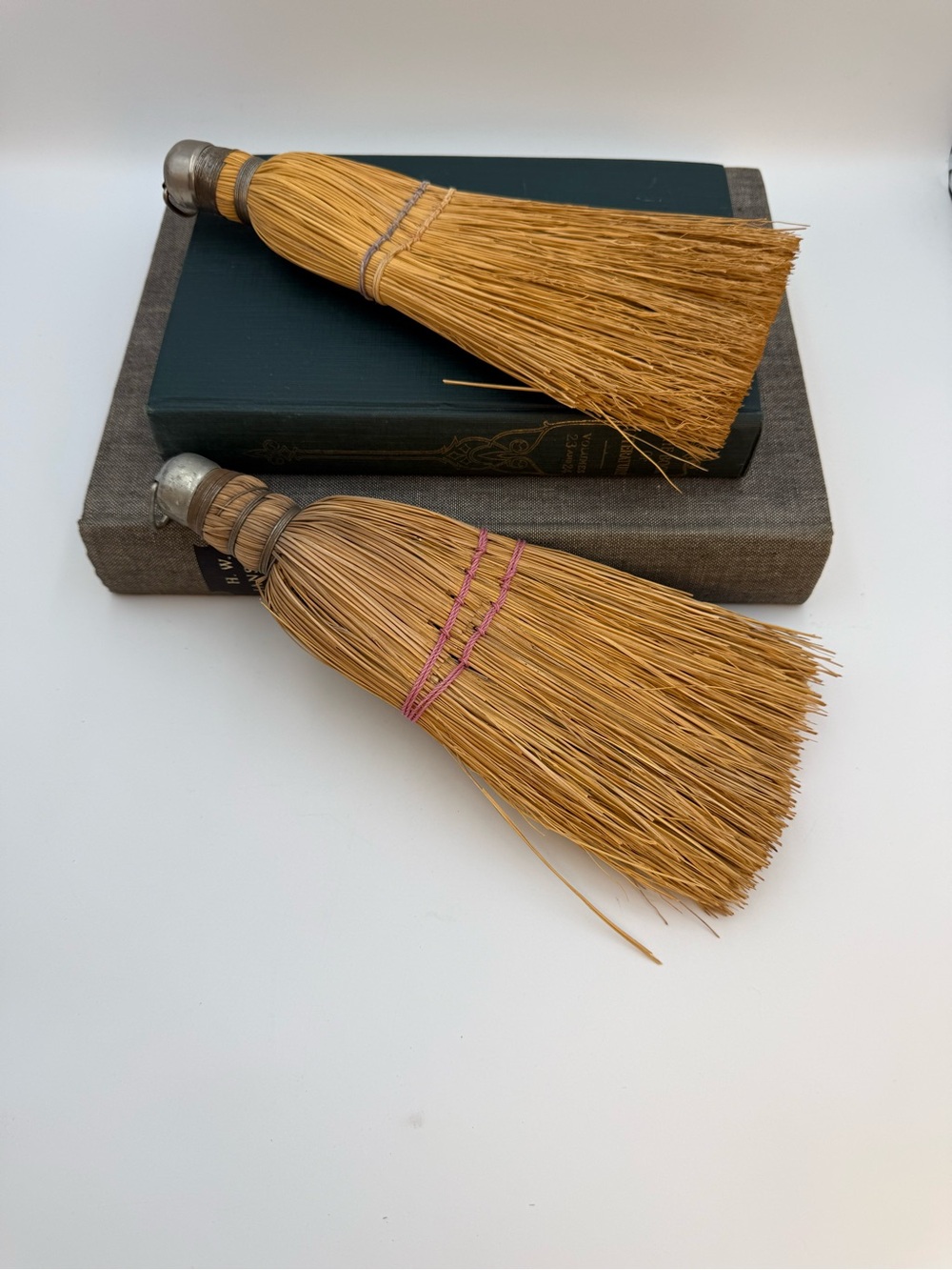 2 Vintage Straw Whisk Broom with Metal Cap, Natural Bristles